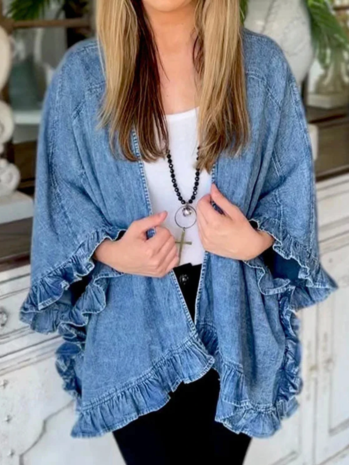 Fashionable Women's Blue Denim Cardigan Open Front Distressed Ruffle Long Sleeve Jean Jackets Coat Outerwear 2024 Fall Clothes