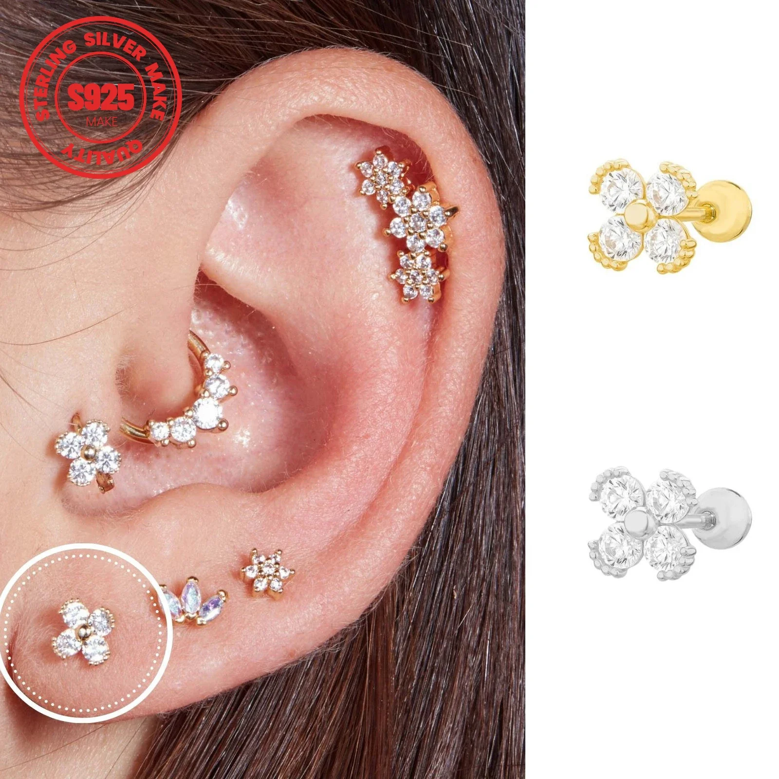 

2024 925 Sterling Silver Women Girl Ears Flower Zircon Studs Tragus Cartilage Daith Septum Ring Piercing Earrings Helix Jewelry