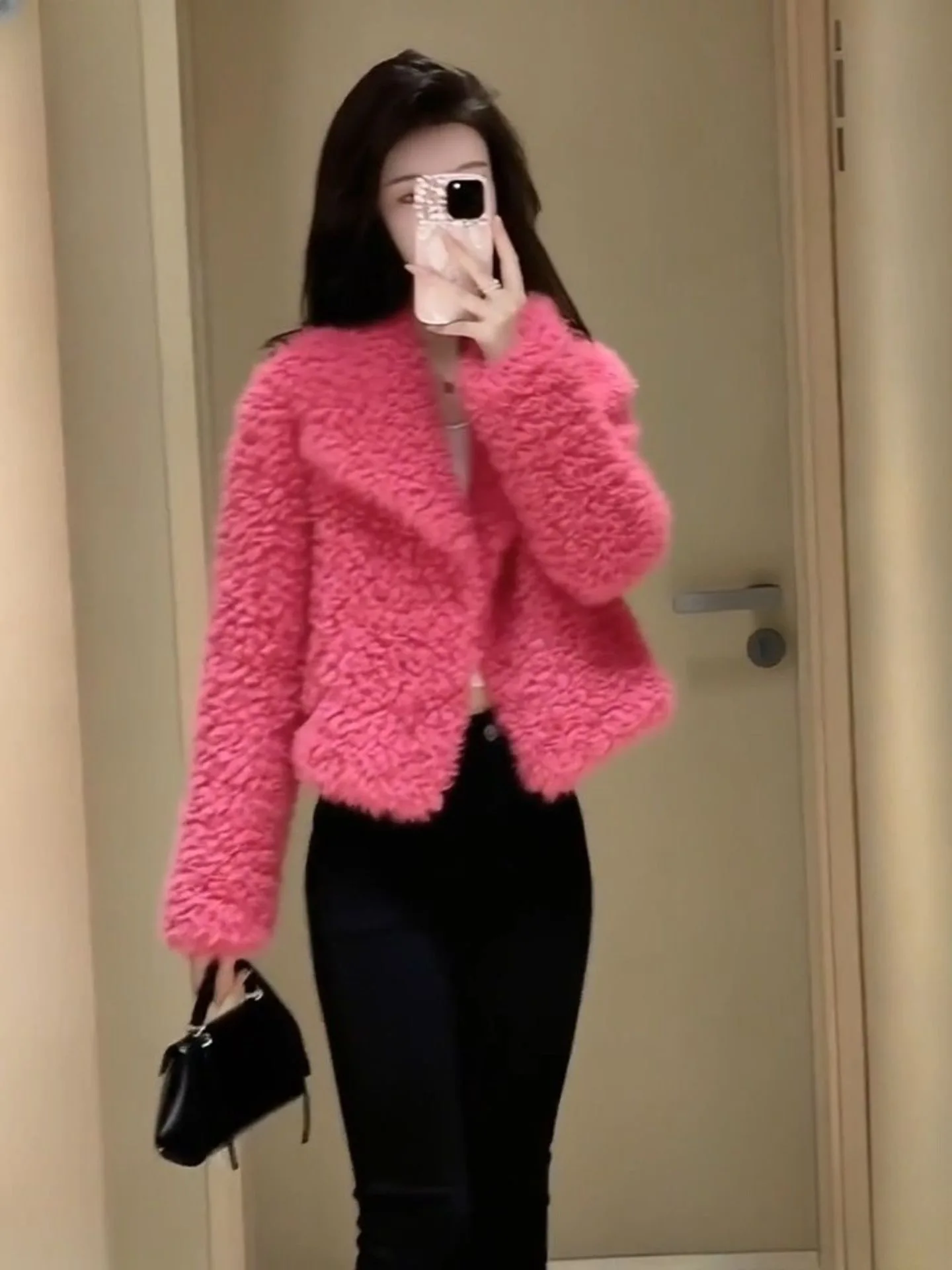 Pink Lamb Fur Jacket Women's Thickened Warm Casual Style Short Coat Korean Fashion Warmth Autumn Winter New Arrival