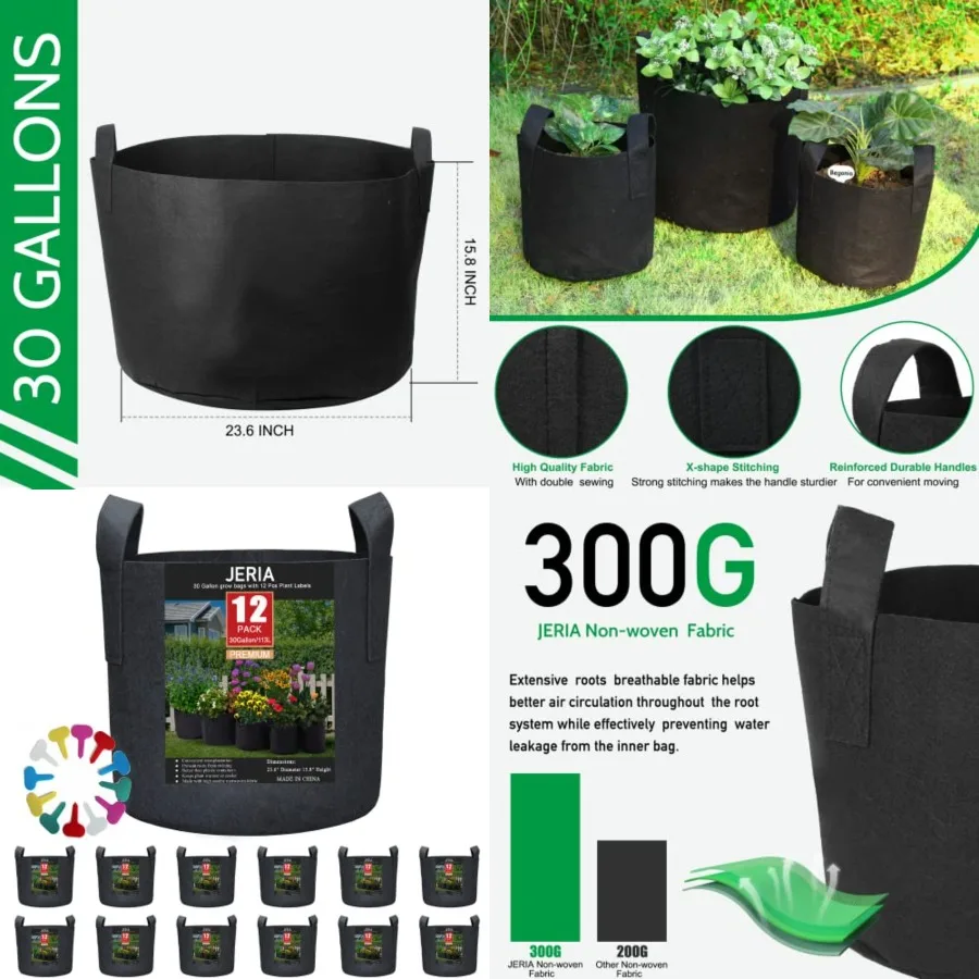 

12-Pack 30 Gallon Grow Bags, 300G Thickened Nonwoven Garden Pots, Heavy Duty Fabric Pots with Reinforced Handles