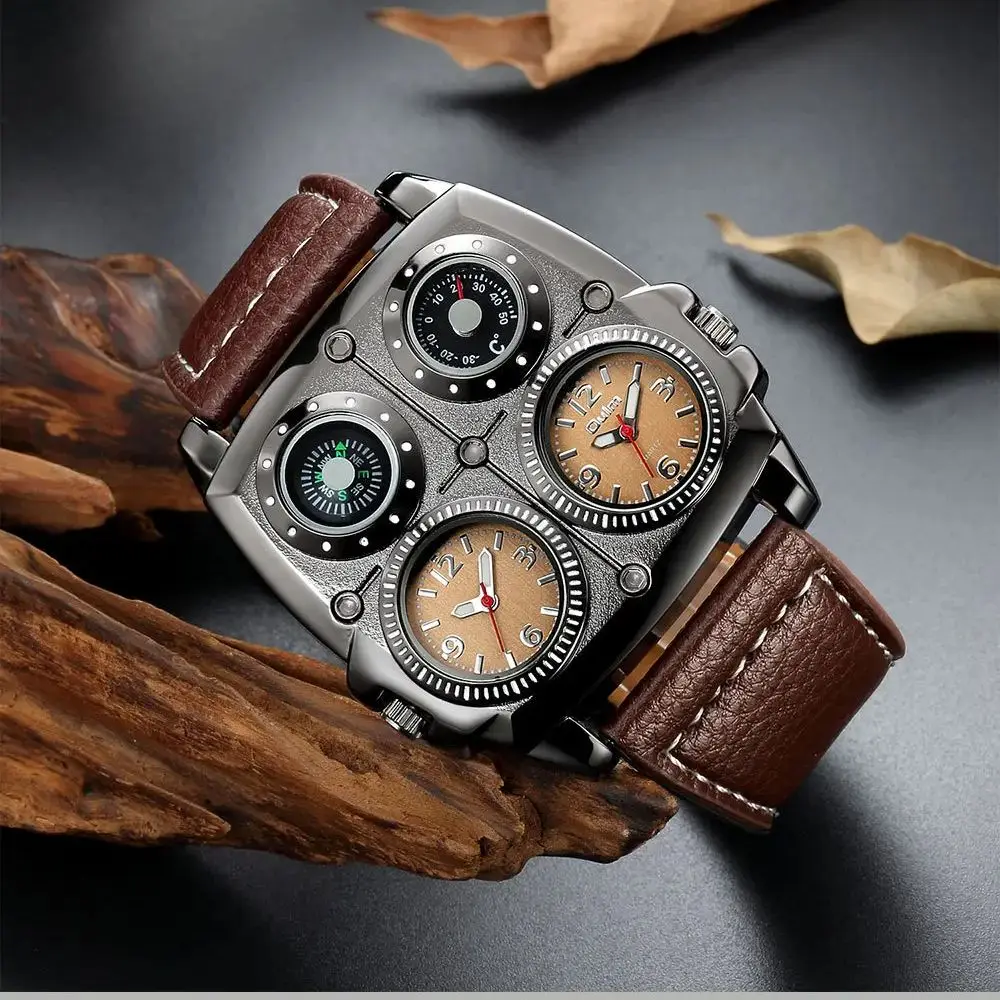 Oulm موضة عادية كول ستريت ستايل ساعة رجالي منطقة زمنية مزدوجة الطلب الكبير مضيئة حزام من الجلد ساعات كوارتز رجالية reloj #1