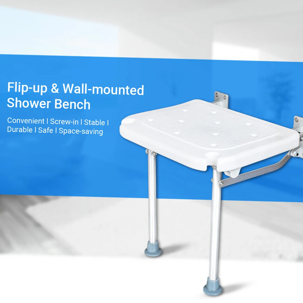 Folding Shower Bench Wall Mounted Bathroom Chair Stool Non-Slip Feet Drainage Holes Shower Head Slot Flip-up Screw-in Bath Seat