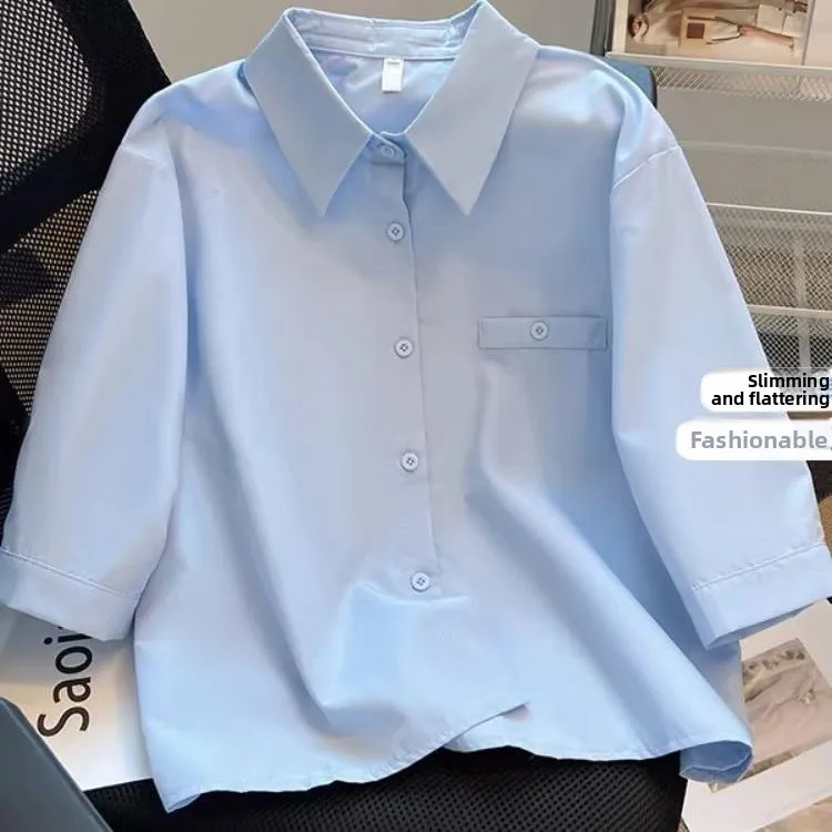 

Летняя женская рубашка с коротким рукавом, свободного кроя, с разрезом сзади, в повседневном стиле, модная, для невысоких, удобная, повседневная блузка