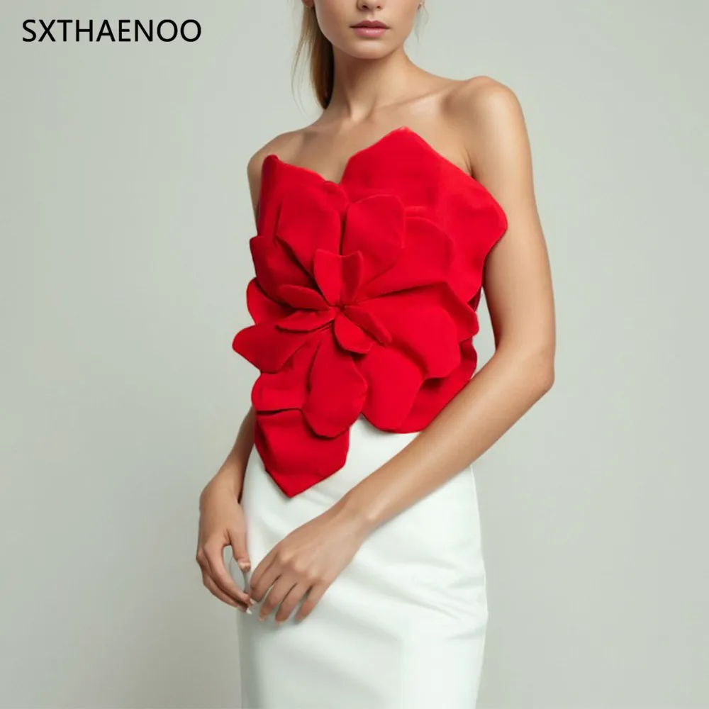 

SXTHAENOO Sexy Patchwork 3D Flower Tank Tops for Women Strapless Sleeveless Spliced Zipper Solid Temperament Vest Female Fashion