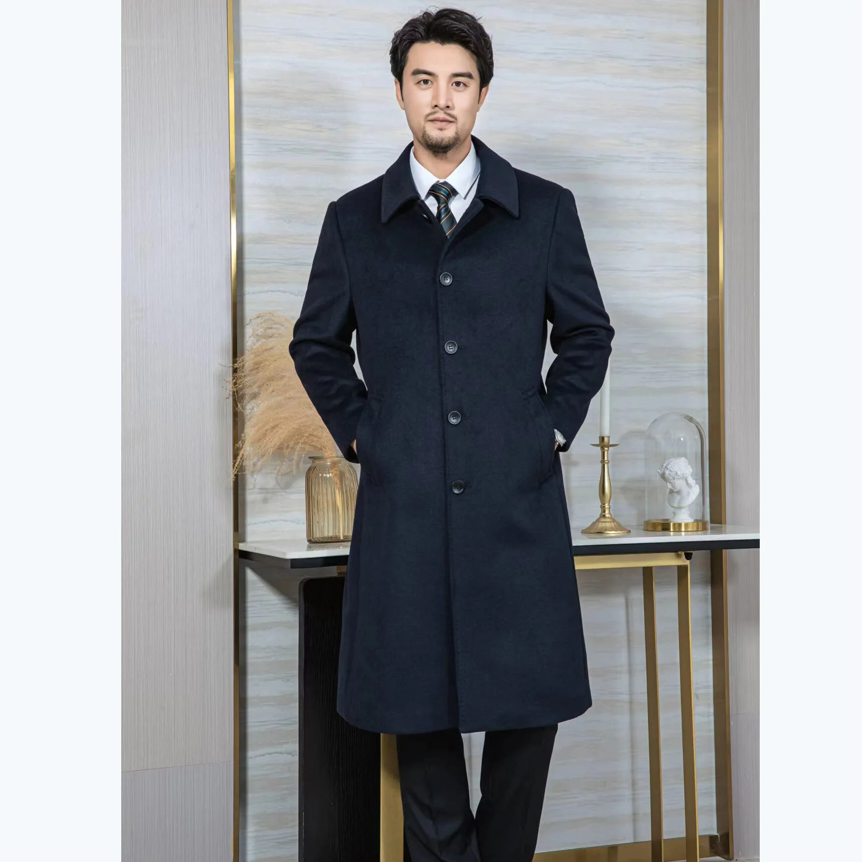 Thickened men's wool cashmere medium and long coat, the same business trench coat for men and women