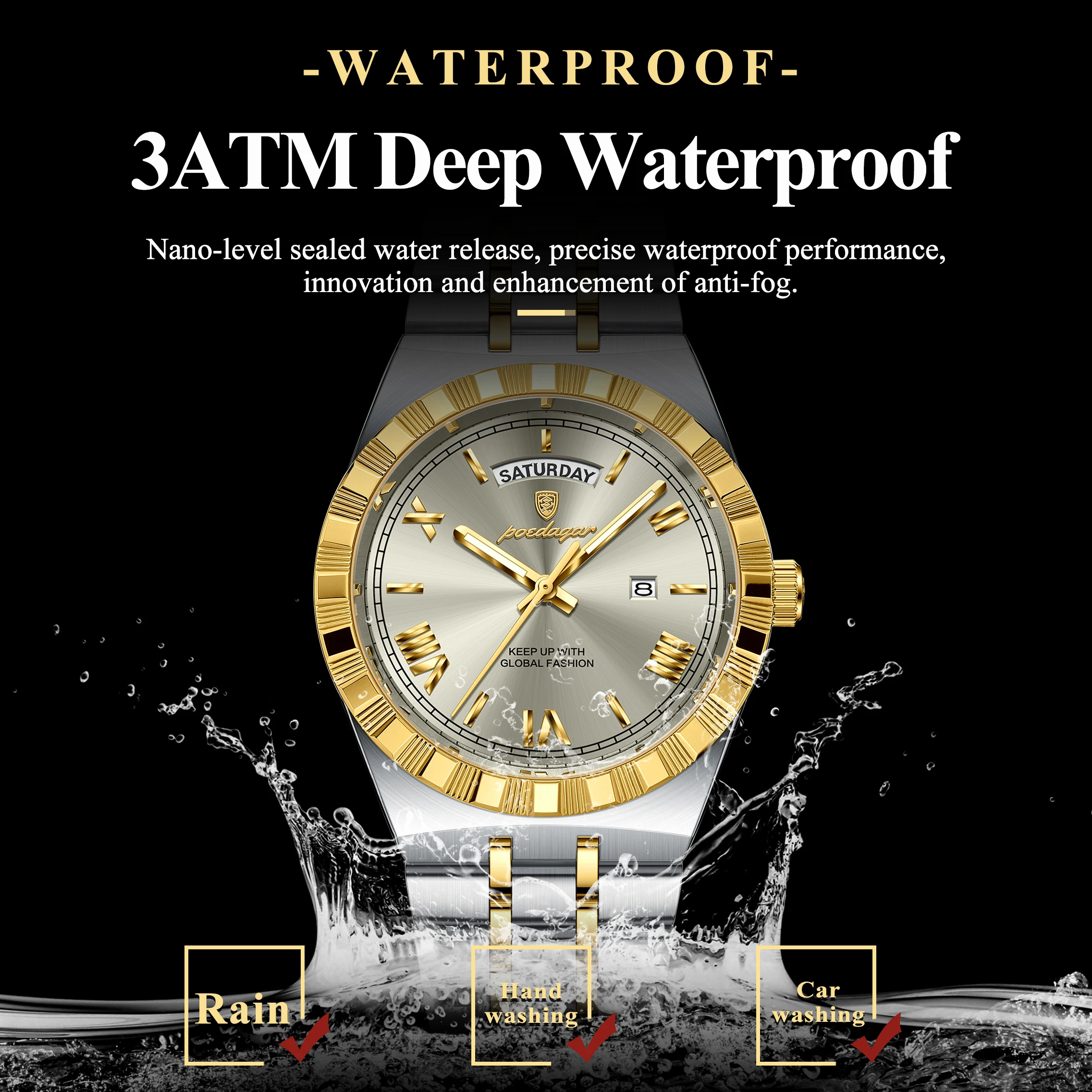 Poedagar original masculino relógio luminoso à prova dwaterproof água semana data relógio de pulso masculino aço inoxidável negócios quartzo relógios presente + caixa