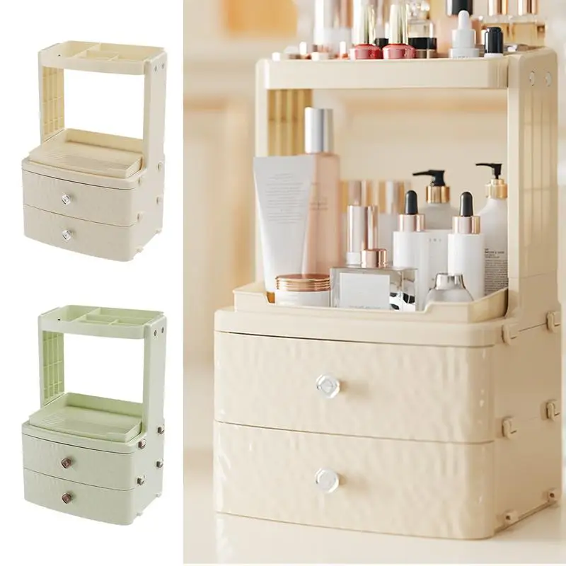 

Multi Grids Jewelry Makeup Organizer 4 Layers Countertop Makeup Holder With Drawers Large Capacity Desktop Cosmetic Storage Box