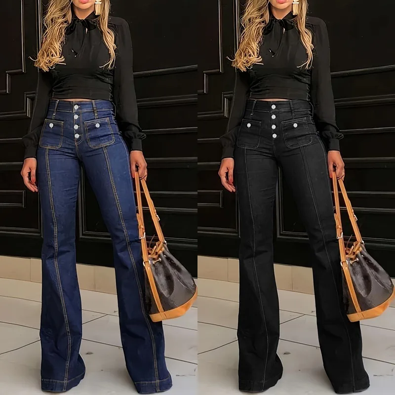 Pantalones vaqueros de talla grande para mujer, Jeans de cintura alta con botonadura negra, pantalones acampanados de temperamento Delgado, nuevos