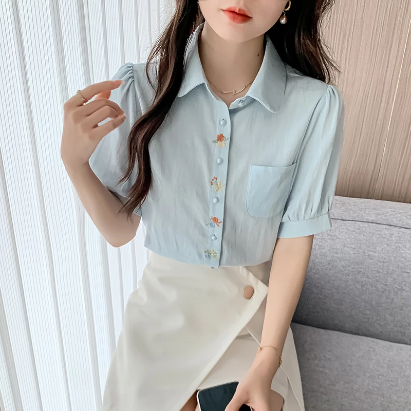 Embroidered Short Sleeved Blouse Summer Women's Shirts New Doll Collar Shirt Sweet Ladies Tops Korean Fashion Women's Clothing