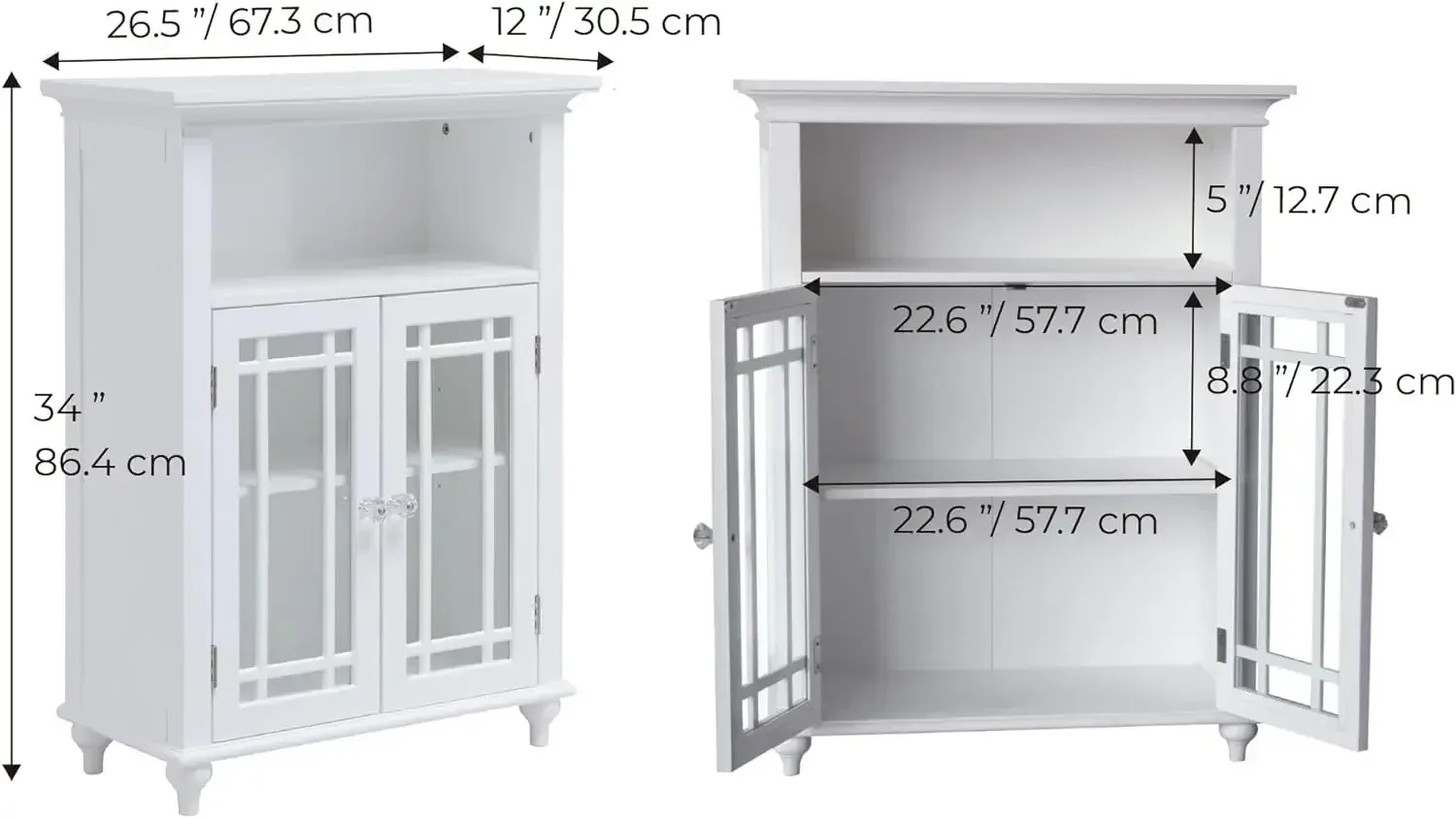 Armoire Autoportante en Bois Neal avec 1 Étagère Réglable, 3 Espaces de Rangement, 2 Portes en Verre et 2 lèvent Transparents, Wh