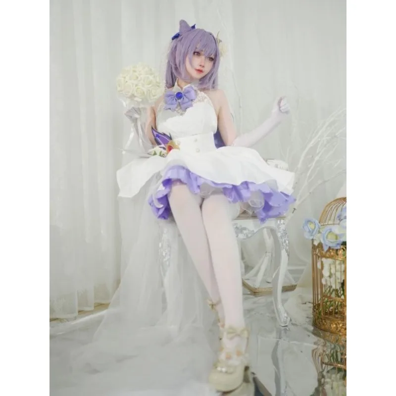 Keqing Bridal Lolita for Women Genshin Impact Cosplay Costume Cute White Dress Gloves Socks Wig Suit Comic-Con Roleplay Set view 6