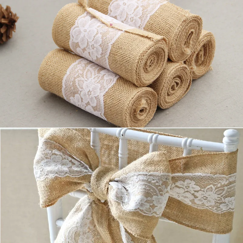 10 Pack Burlap Lace Chair Sashes 15x240CM Natural Jute Bow Ribbon Ties for Vintage Wedding Party Birthday Anniversary Decoration