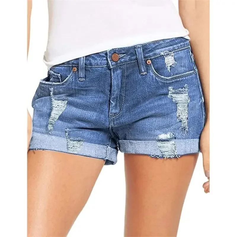 

Fashion New Flip Fold Trouser Legs Denim Shorts Women Summer Casual Broken Holes Mid Waist Three Quarter Pants Female Streetwear