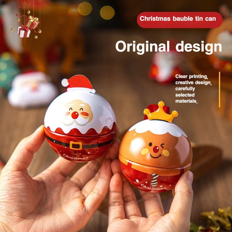 Christmas Round Tin Box Cartoon Santa Snowman Reindeer Penguin Candy Storage Jar Xmas Tree Hanging Decor Holiday Gift Container view 2