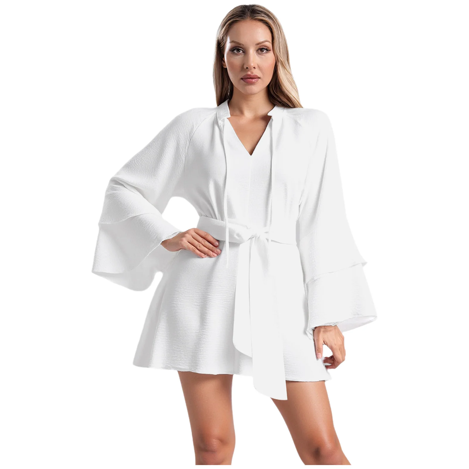 

Women Fashion Dress Ruffled Long Sleeves Thigh Length Mini Dress with Detachable Belt for Party Banquet Wedding Commute Dress