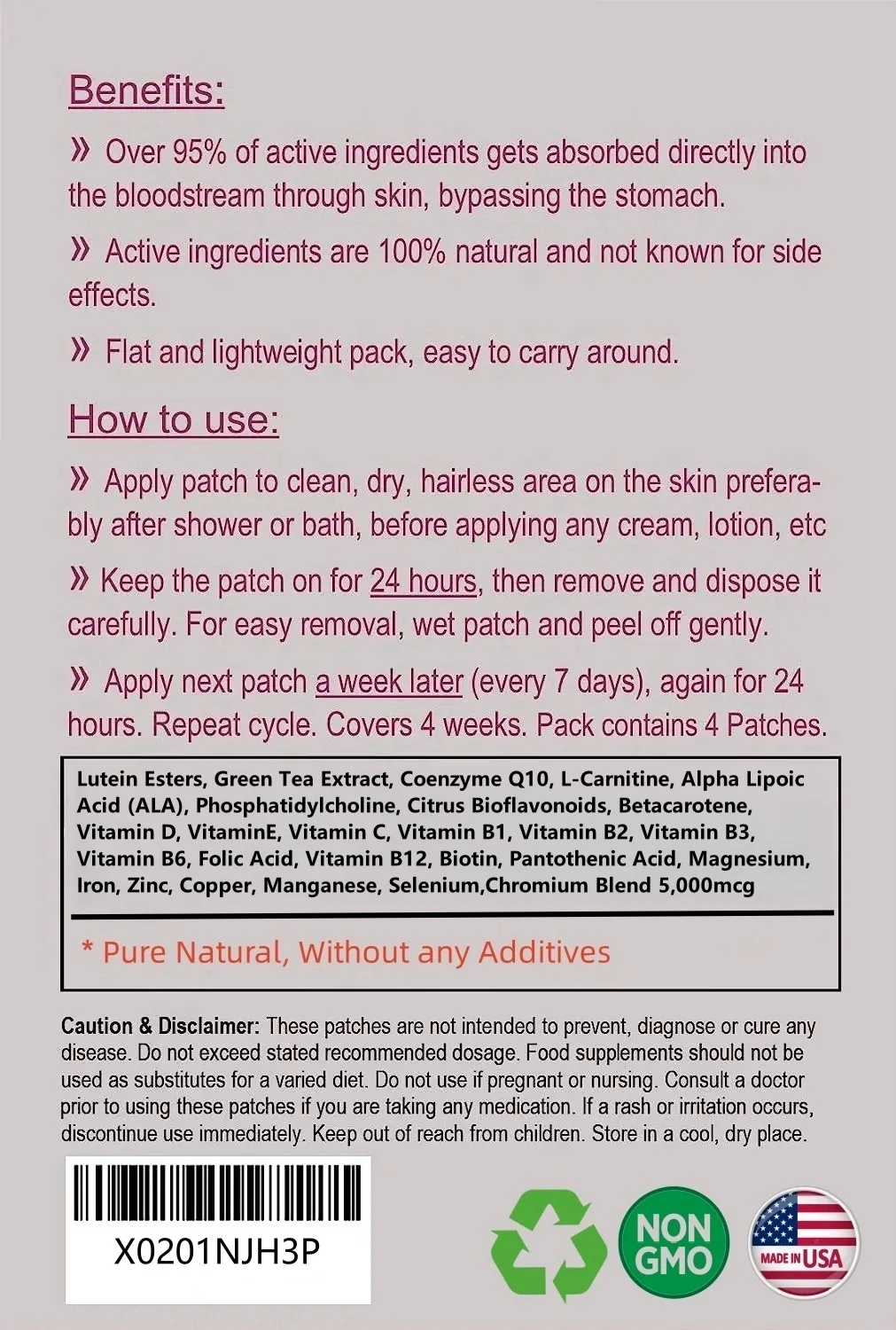 Vitamin B6, Pantothenic acid & Iron Contribute to the Reduction of Tiredness & Fatigua, 26 Nutrients Transdermal Patches