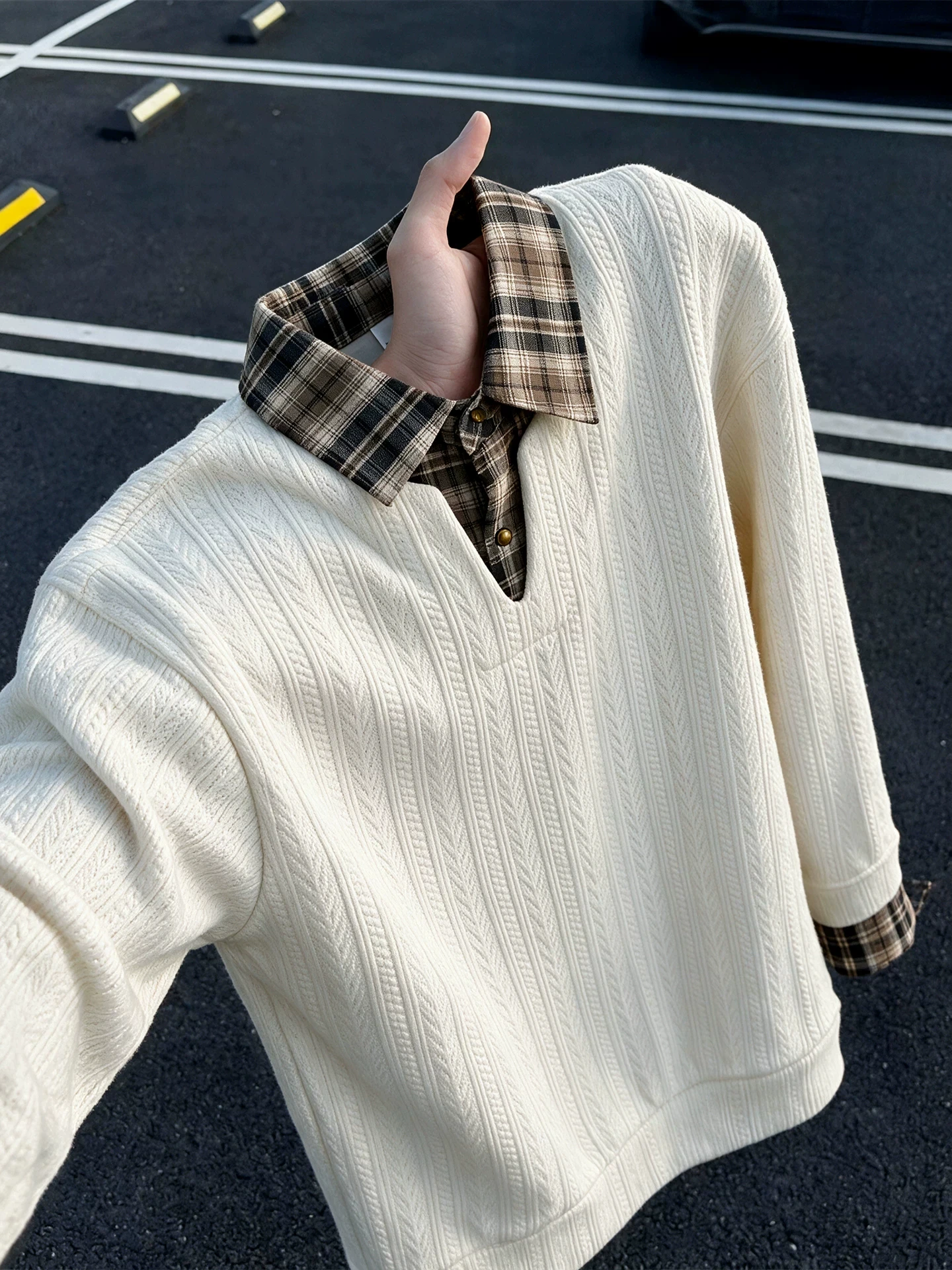Autumn Plaid Shirt Collar Long Sleeve  Shirt Men's Fake Two-Piece Sweatshirt Grain Ear Pattern Casual Style Regular Fit