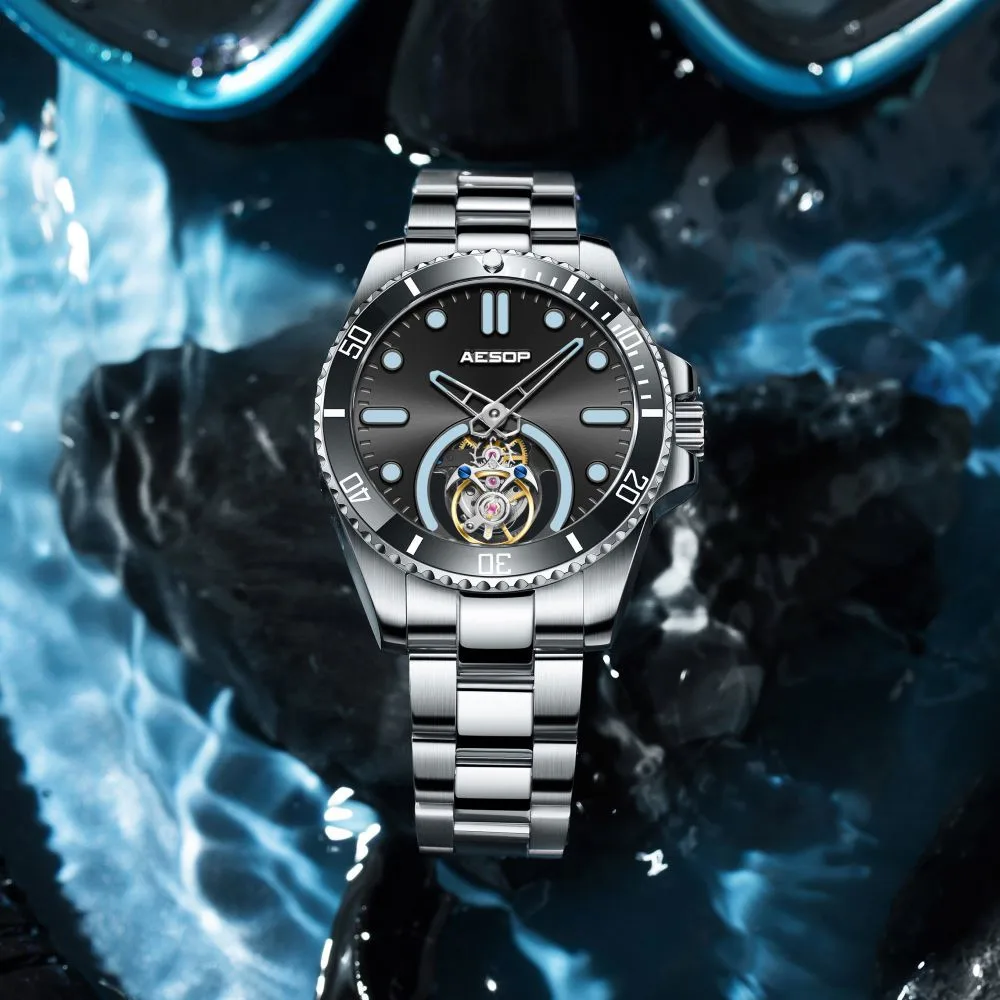 AESOP Skeleton Mechanical Men's Wristwatch Real Tourbillon Hand Wind Waterproof Sapphire Mirror 316L Stainless Steel Wrist Watch