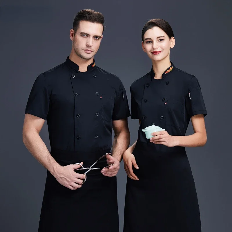 Chemise d'uniforme de chef d'été pour hommes et femmes, veste de cuisine de restaurant de service alimentaire, manteau de cuisinier à manches courtes pour cantine d'hôtel, vêtements de travail