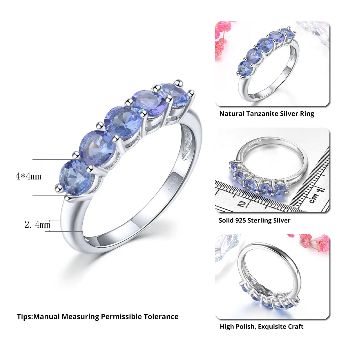 Natural Tanzanite Sterling Silver Rings 1.35 Carats Genuine Tanzanite Romantic Classic Fine Jewelrys S925 Women Birthday Gifts