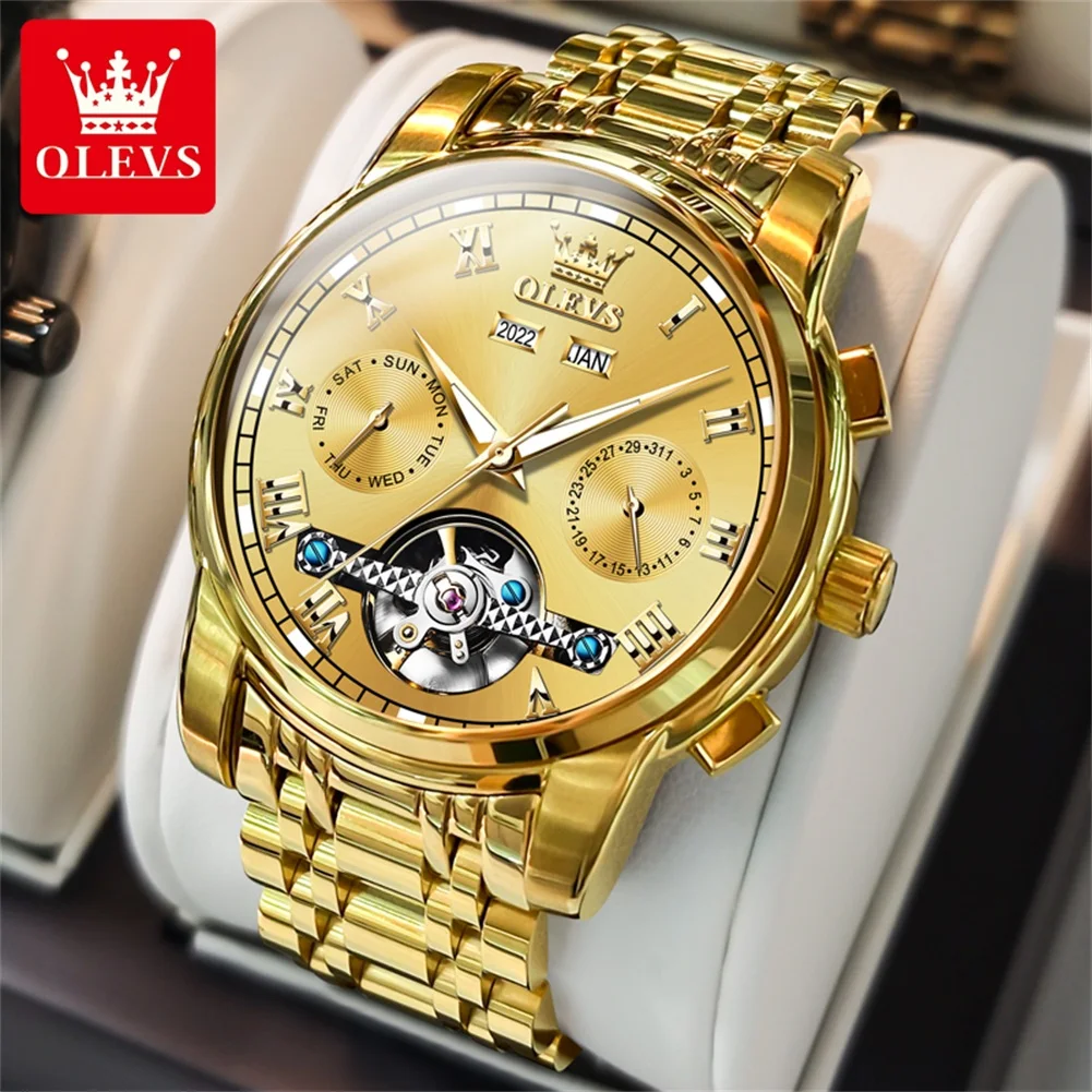 

Брендовые часы OLEVS со стальной полосой, многофункциональные, полностью автоматические, механические часы, ночник, водонепроницаемые мужские часы 6607
