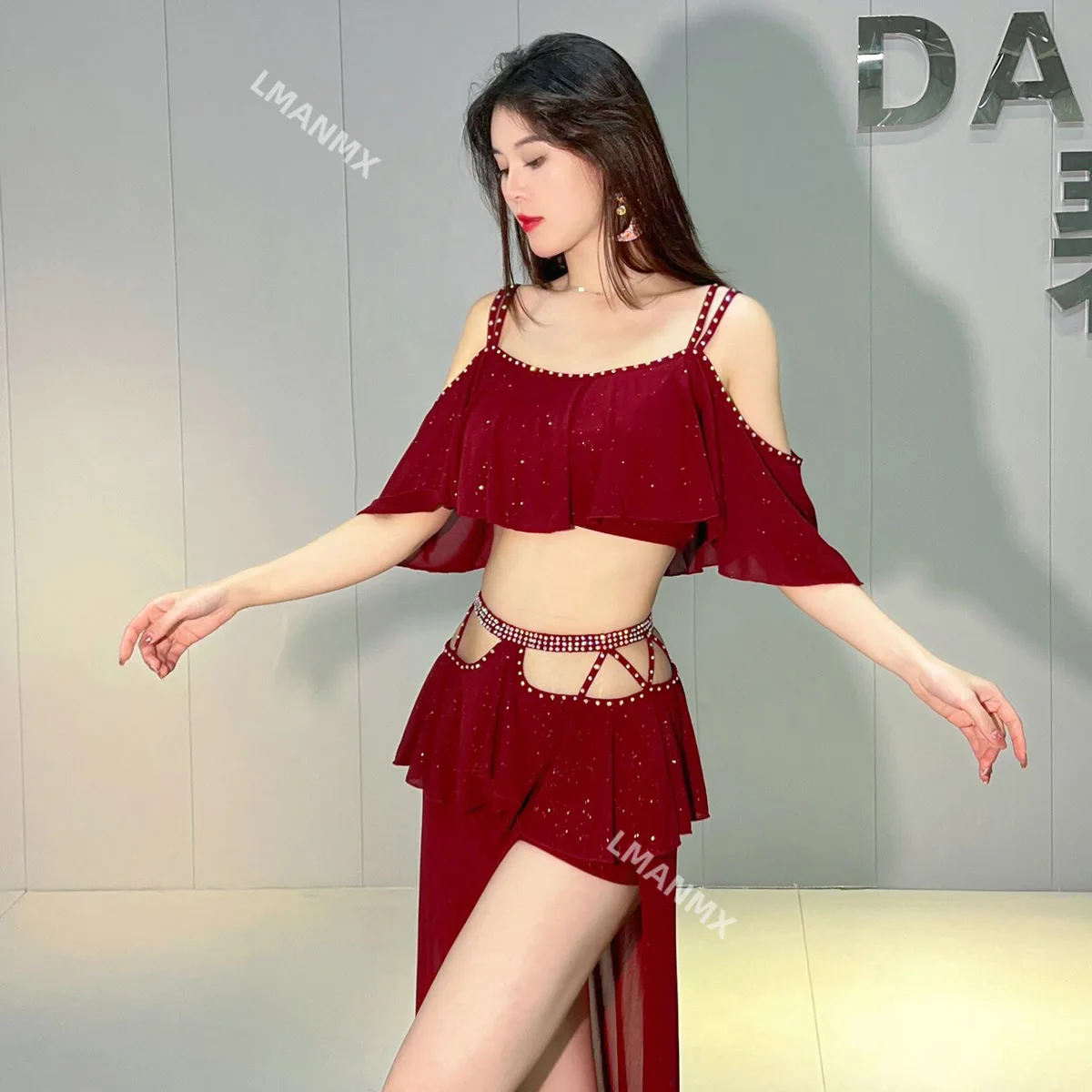 Belly Dance Clothing 2023 New Autumn Winter Mesh Short Sleeves Top+long Skirt 2pcs Oriental Training Suit Women Bellydance Set