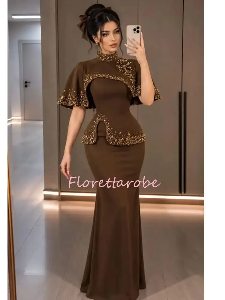 Luxury Brown High Neck Mermaid  Evening Dresses Pretty Beading Crystals Sequins with Cape Sweep Train Prom Dress Customized