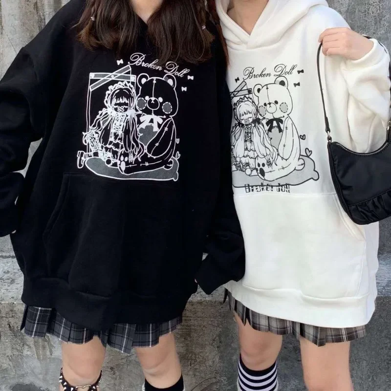 Kawaii Japanese Hooded Sweatshirts Couples Clothes Women Preppy Style Bear Print Harajuku Sudaderas Mujer Oversize Tops Y2k