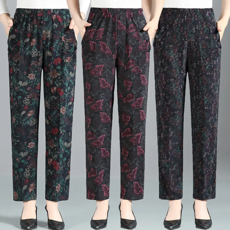 Y2K Vintage Woman Loose Straight Pants Big Size High Waist Elastic Band Floral Print Spring Autumn Female Casual Trousers 2022