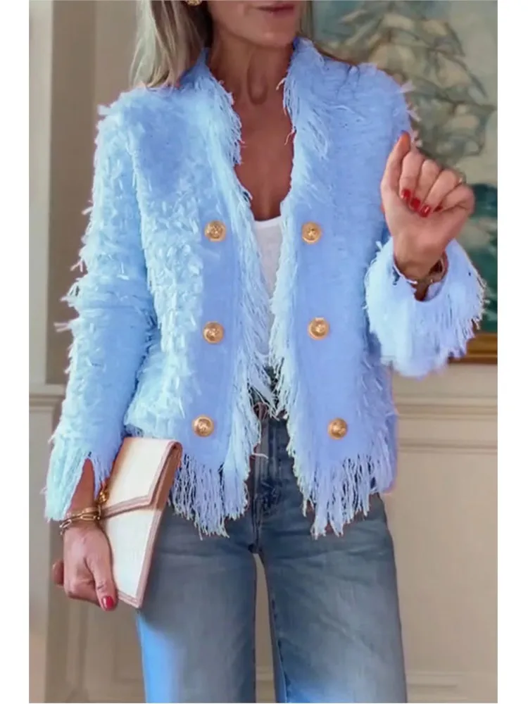 신상 여성 캐주얼 태슬 메탈 버튼 숏 재킷 코트 2025 가을 겨울 솔리드 브이넥 긴팔 플러시 아우터 가디건 코트
