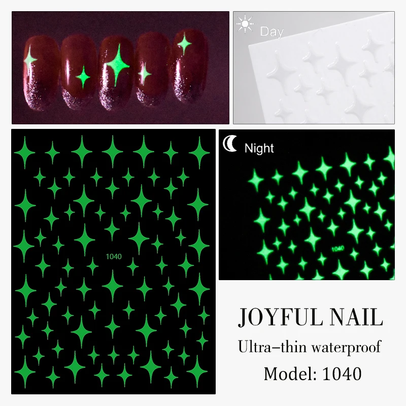 1 Sheet Glow In The Dark Nail Art Sticker Snowflake Flame Old English Alphabet Pentagram Butterfly Line Heart Star Leaf Decals