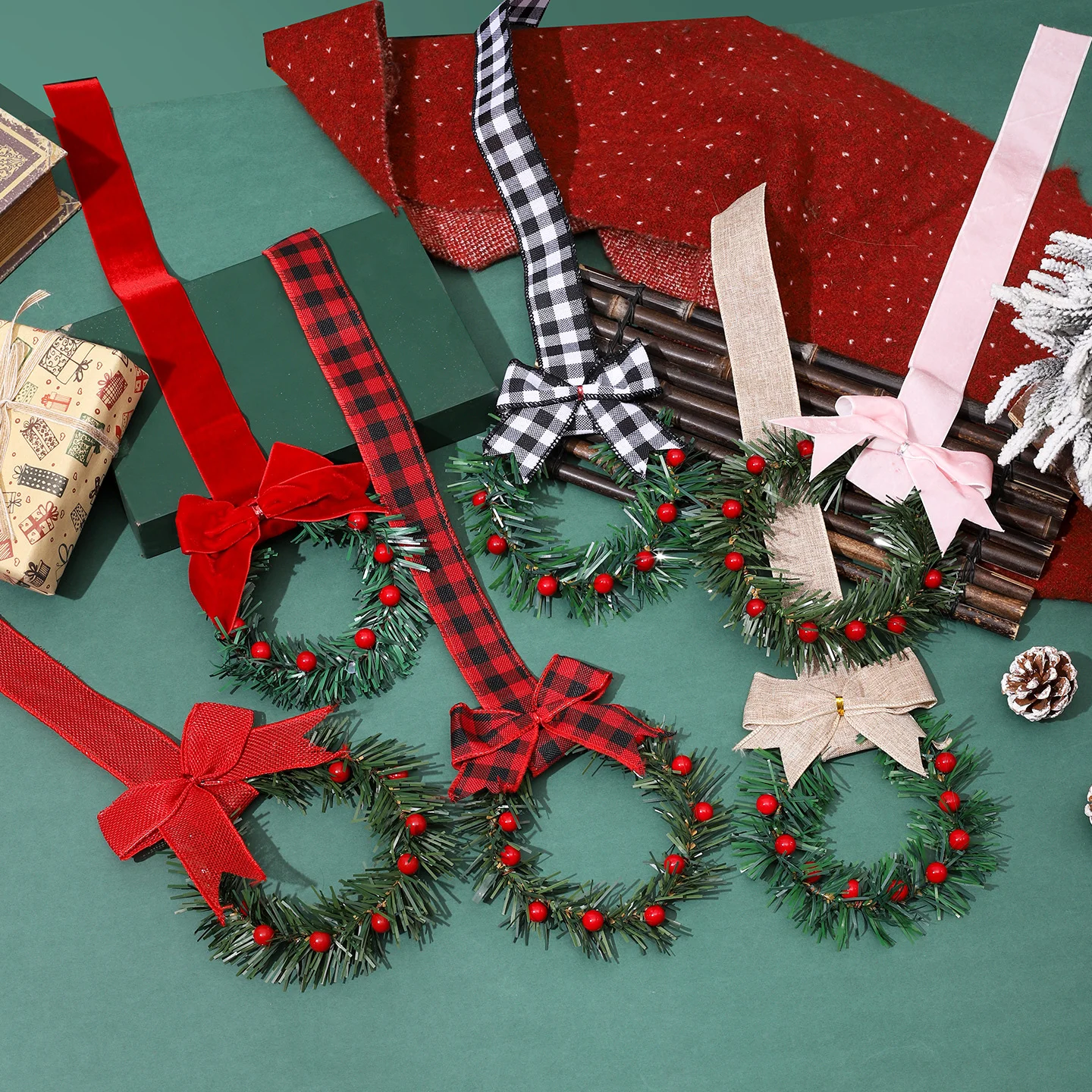 1-10PCS Christmas Kitchen Cabinet Wreaths for Kitchen with Ribbon Bows Red Berry Farmhouse Wreath Christmas Party Decorations