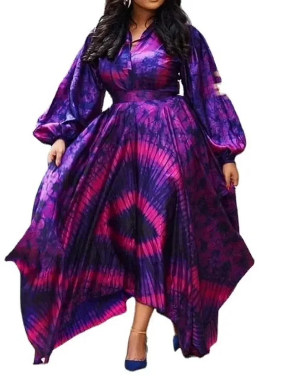 Dashiki African Muslim Dress Abaya Floral Dress Women Long Puff Sleeve High Waist Print Dresses Casual Ladies Irregular Vestidos