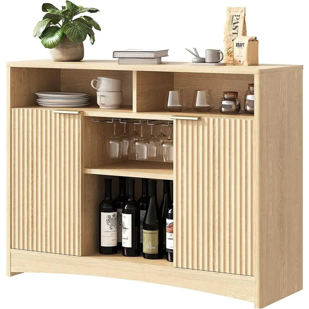 

Large Sideboard with Storage, 2 Latched Doors, Adjustable Shelves & Glass Rack, Ideal for Kitchen or Living Room, Natural Oak Fi