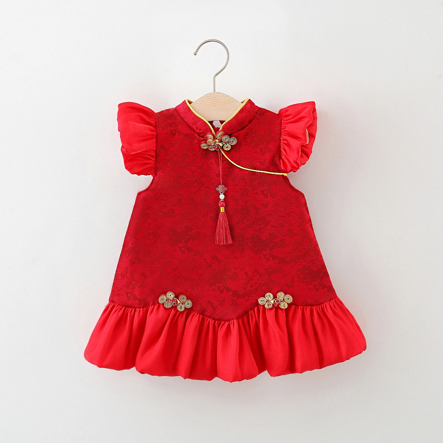 

Новое традиционное платье Cheongsam в китайском стиле, летнее красное платье с рукавами-крылышками для маленьких девочек, одежда для свадебных банкетов