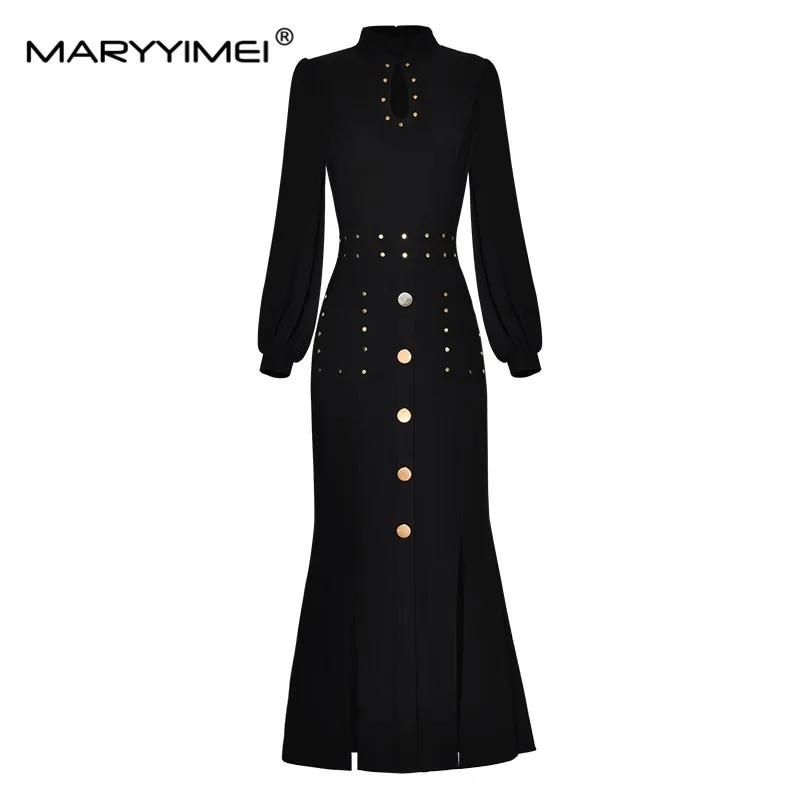 

MARYYIMEI Fashion Spring Autumn Women's dress Stand up collar Lantern Sleeves Rivet Slim Package hip Split Mermaid Dresses