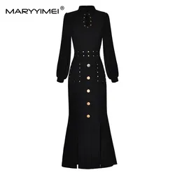 MARYYIMEI Fashion Spring Autumn Women's dress Stand up collar Lantern Sleeves Rivet Slim Package hip Split Mermaid Dresses