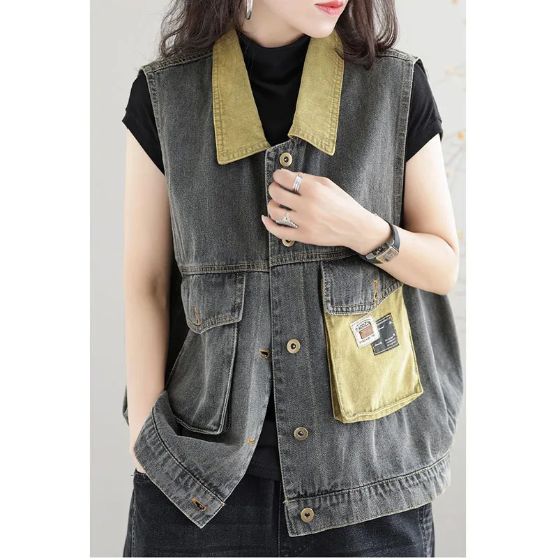 

Новинка весна-осень 2024, джинсовый жилет, Женский Свободный жилет в стиле Джокер, модный жилет в стиле Джокер, повседневное пальто на пуговицах