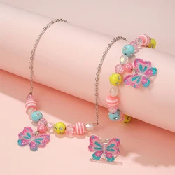 3Pcs/set Cute Butterfly Pendant Charm Beads Chain Necklace with Bracelet Ring Jewelry Set for Girl Daughter Party Birthday Gift