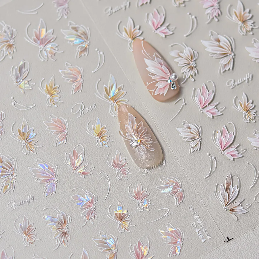 

5D Butterfly Flower Nails Stickers Crystal Shiny Colorful Shell Light White Lace Bow Nail Art Decoration Sticker Nails Decals