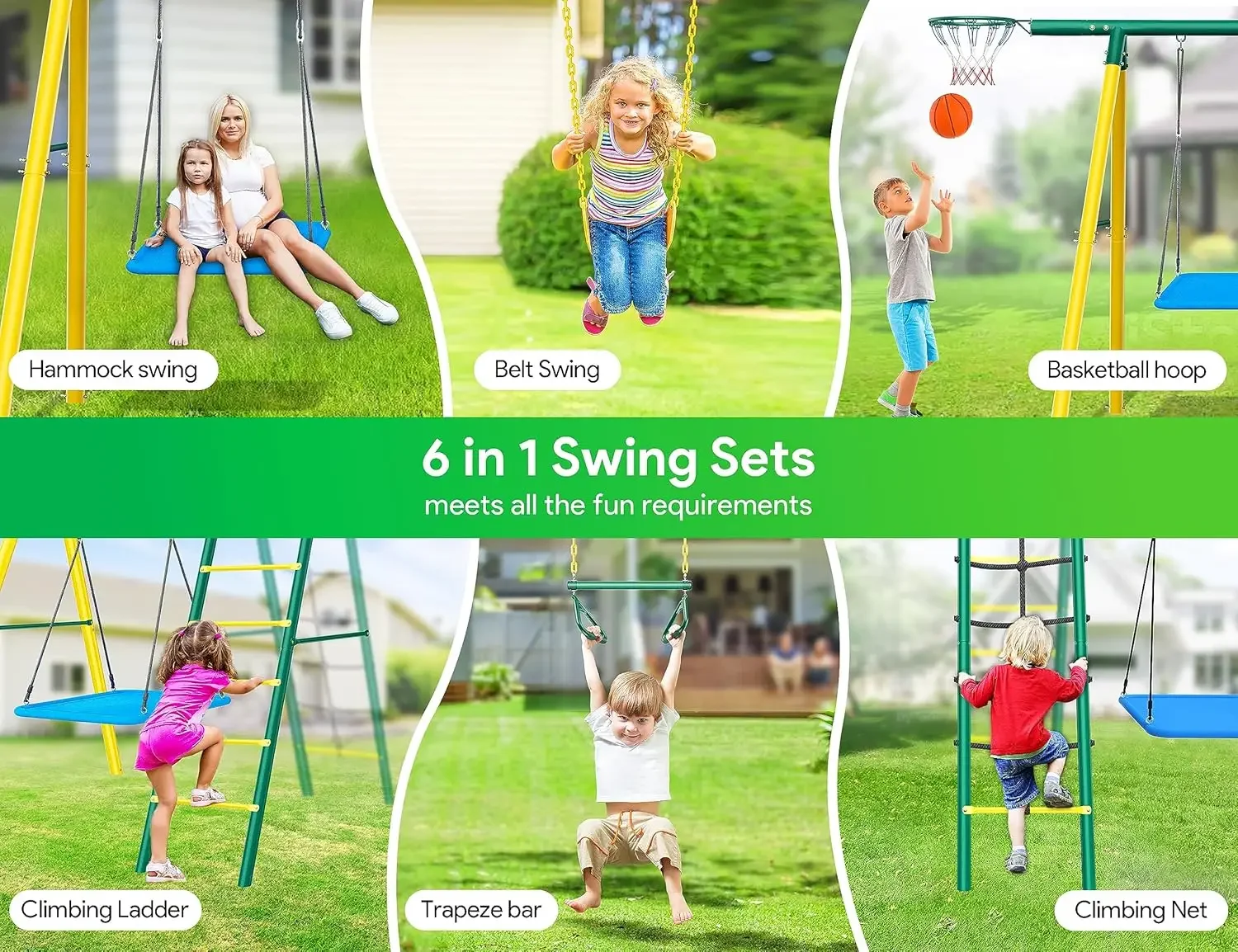 Swing Sets for Backyard, 6 in 1 Swing Sets,Heavy-Duty Metal Swing Sets for Backyard with 2 Swings, Climbing Ladder