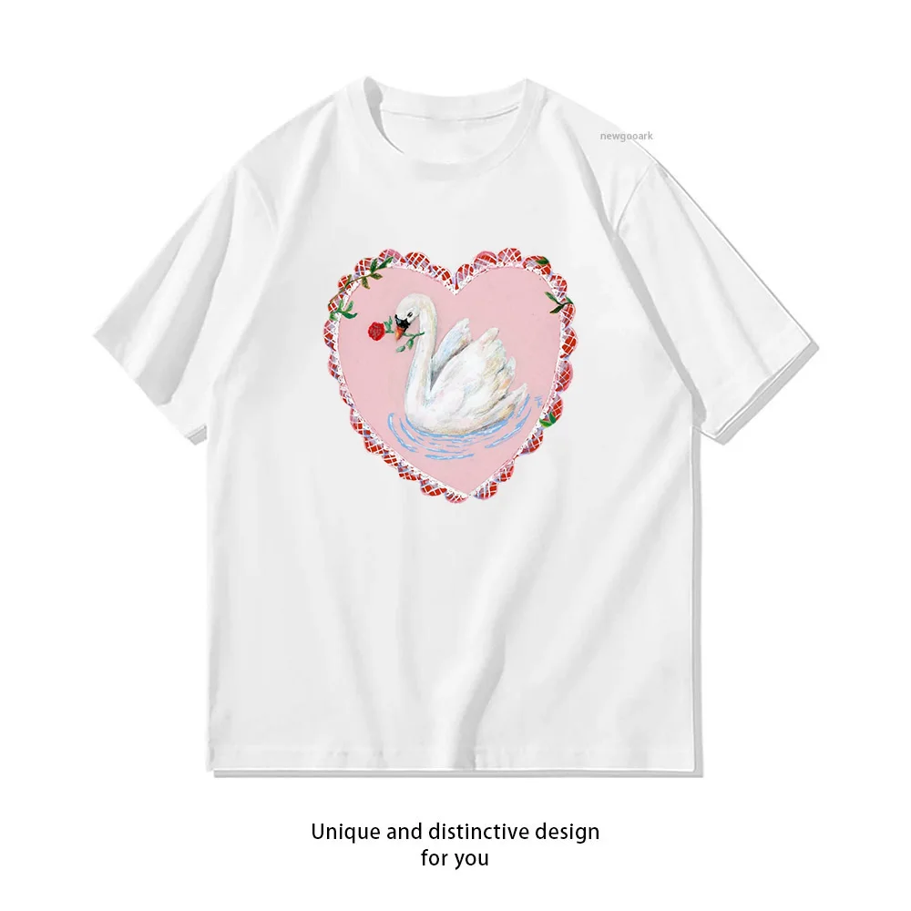 Vintage heart swan T-Shirt woman man Casual cotton graphic t shirts Adult streetwear camisetas tops tee Short-sleev