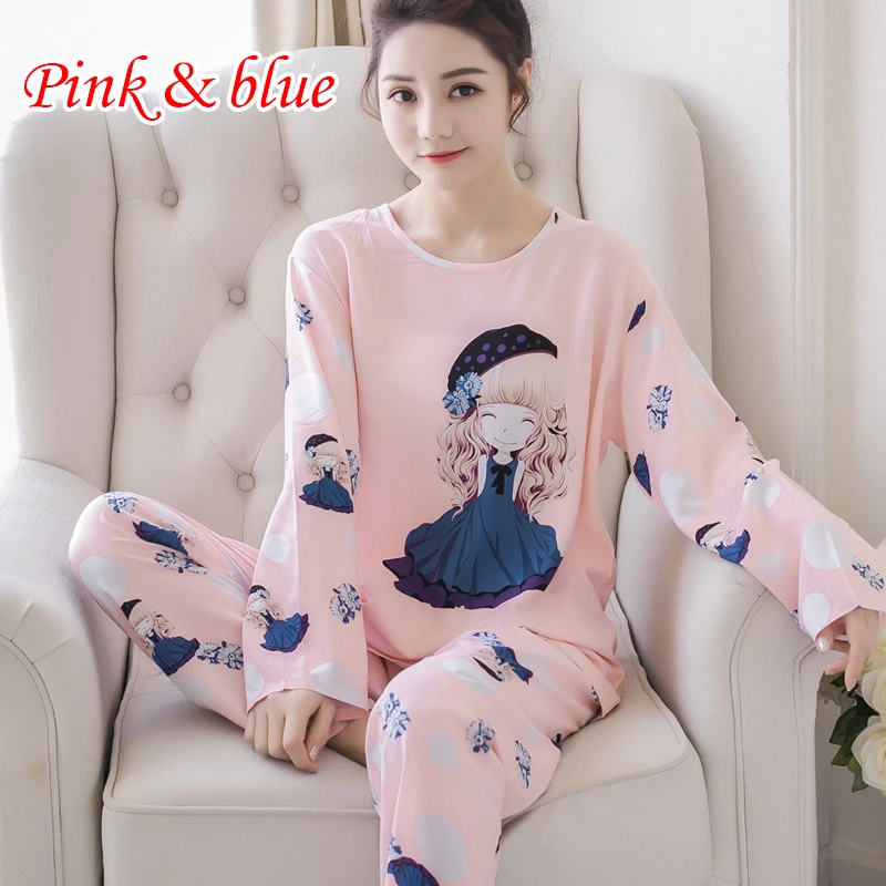 Cartoon Polyester Cotton Pajamas Women's Spring and Autumn Models Long-sleeved Home Service Women's Simple Loose Casual Suit