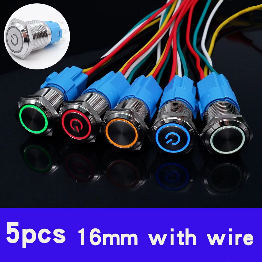 

5pcs 16mm Metal Button Switch Push Ignition Button For Car LED Lights Waterproof Momentary Latching With Socket Flat Head 12V