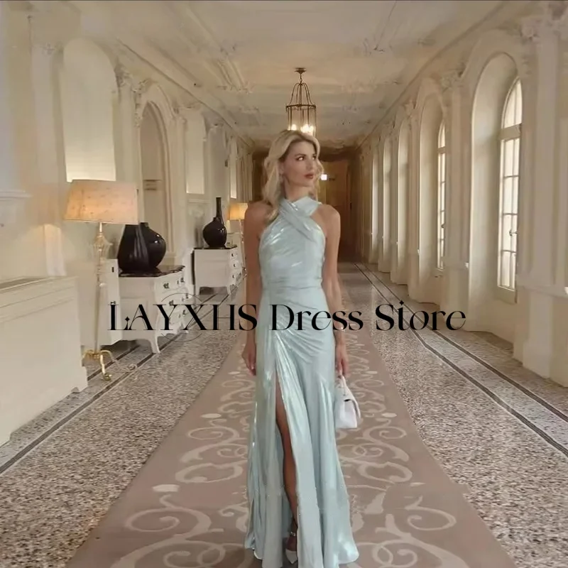 

LAYXHS Модные синие вечерние платья с бретелькой на шее, трапециевидные платья русалки с разрезом по бокам, плиссированные вечерние платья для выпускного вечера по индивидуальному заказу فساتين سهره