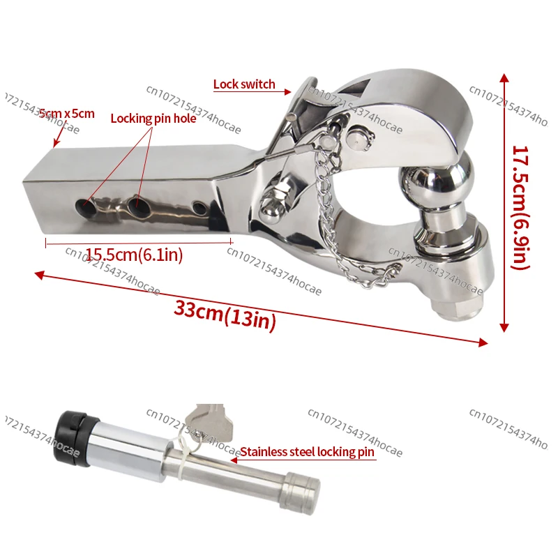Stainless steel cast battle axe trailer hook,5cm X 5cm Standard square mouth tube arm,Fixed installation of locking pin