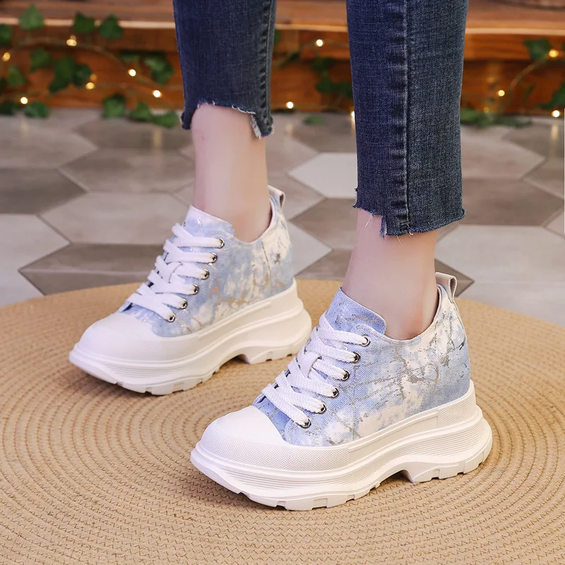 Fujin 7cm Denim Casual Comfortable Fashion Shoes Chunky Sneaker Autumn Vulcanize Ladies High Brand Spring Platform Wedge Shoes