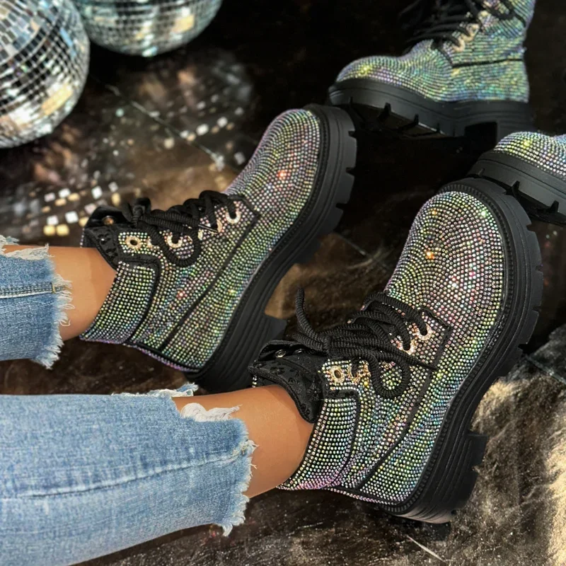 

Winter Warm Shoes Luxury Diamond Leather Boots Women's Designer Thick Bottom Cotton-padded Boots Sports Lace-Up Motorcycle Boots