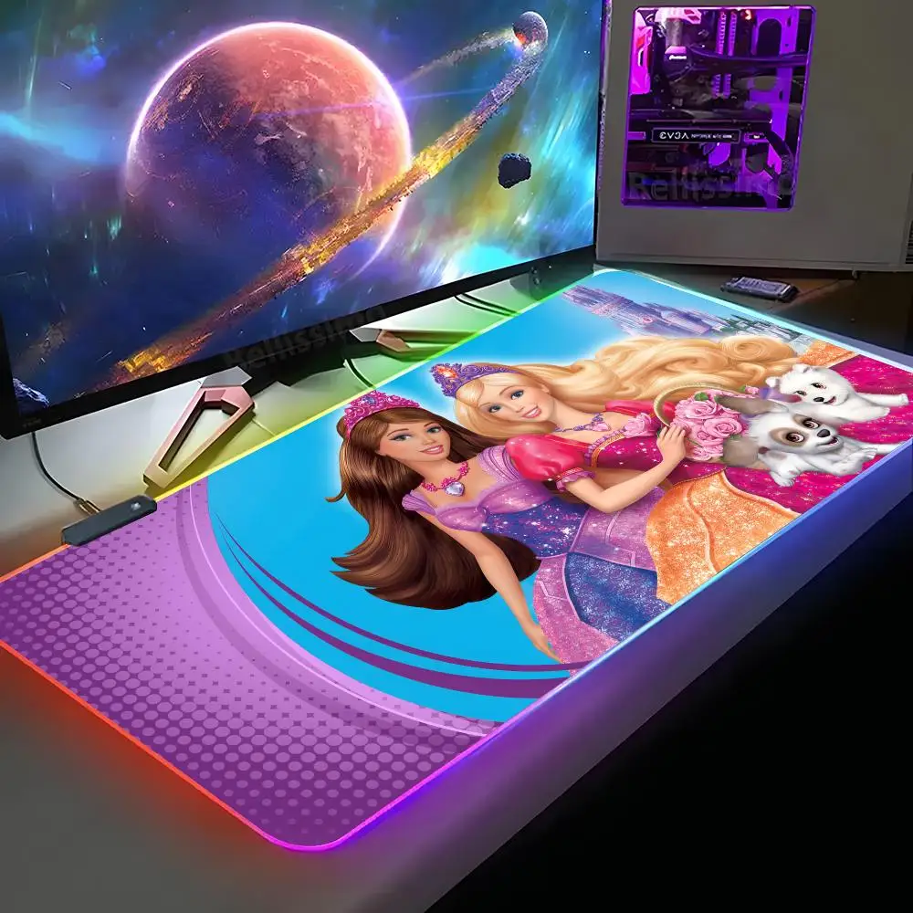 Cartoon B-Barbie Lovely Girl Mouse Pad XXL RGB Gaming Mouse Pad Gamer Accessories Large LED Light MousePads Carpet With Backlit