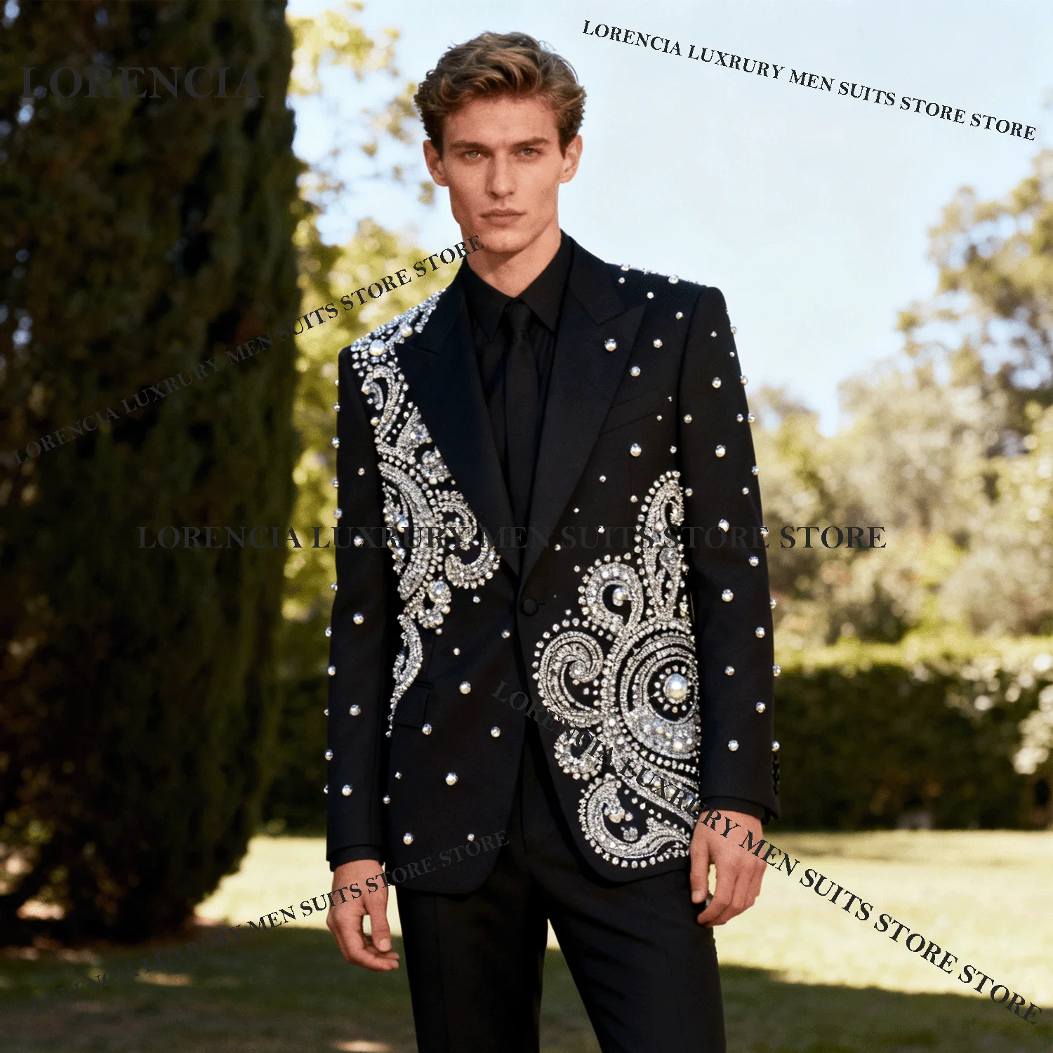 

Модные мужские костюмы высокого класса со стразами и бисером для жениха, комплекты из 2 предметов, индивидуальные смокинги с бриллиантами, мужской пиджак для выпускного вечера, Ropa Hombre